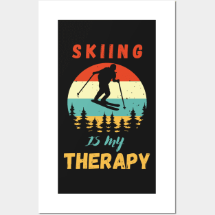 Skiing Is My Therapy Funny sunset Posters and Art